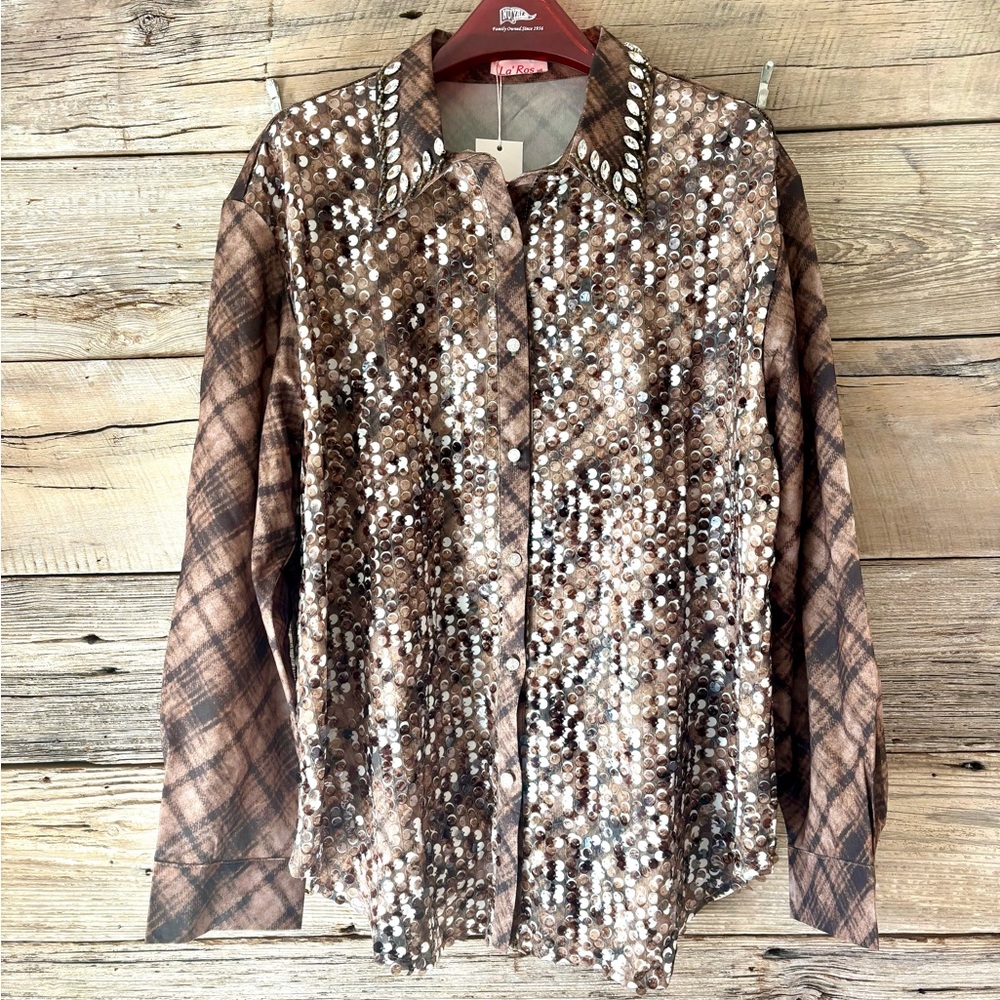 NWT La Ros Sequin Button Front Blouse in Khaki Western Glam Size M/L